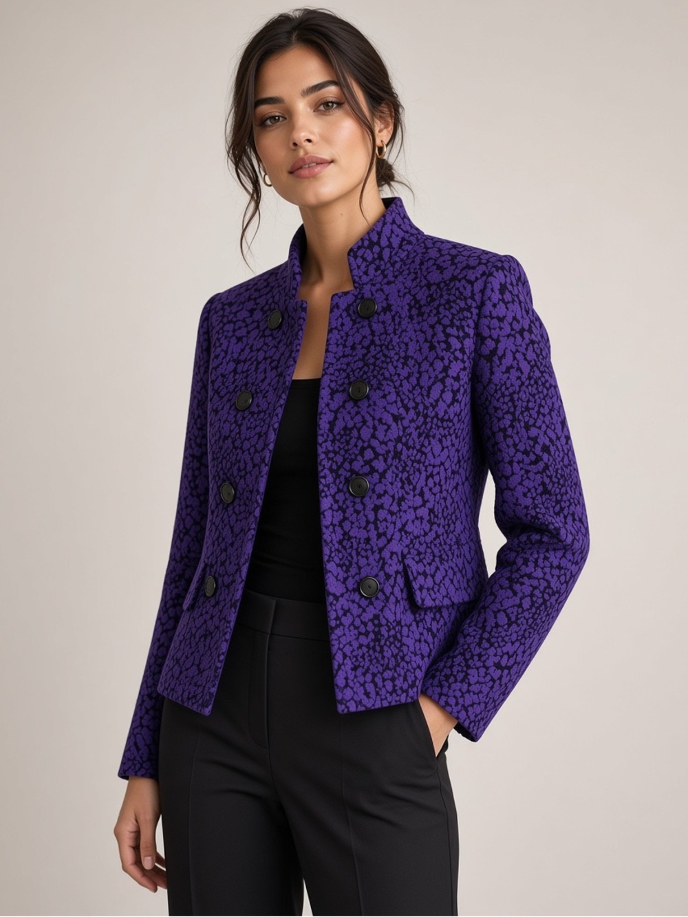 TanJay Purple Patterned Double-Breasted Stand-Collar Jacket